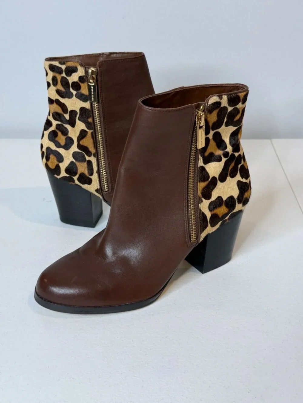Michael Kors Brown Leather Leopard Calf Hair Ankle Boots 6.5